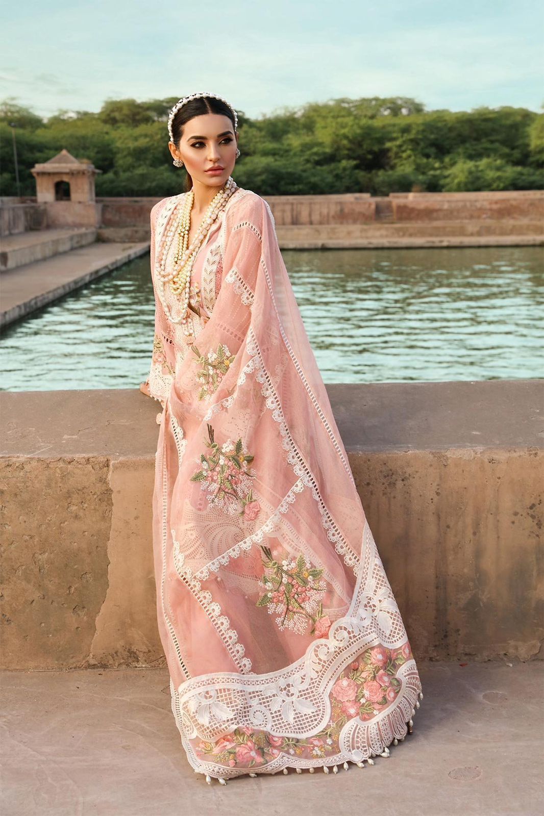 Elara Luxe – Embroidered Schiffli Lawn Ensemble by Maryam by Rania