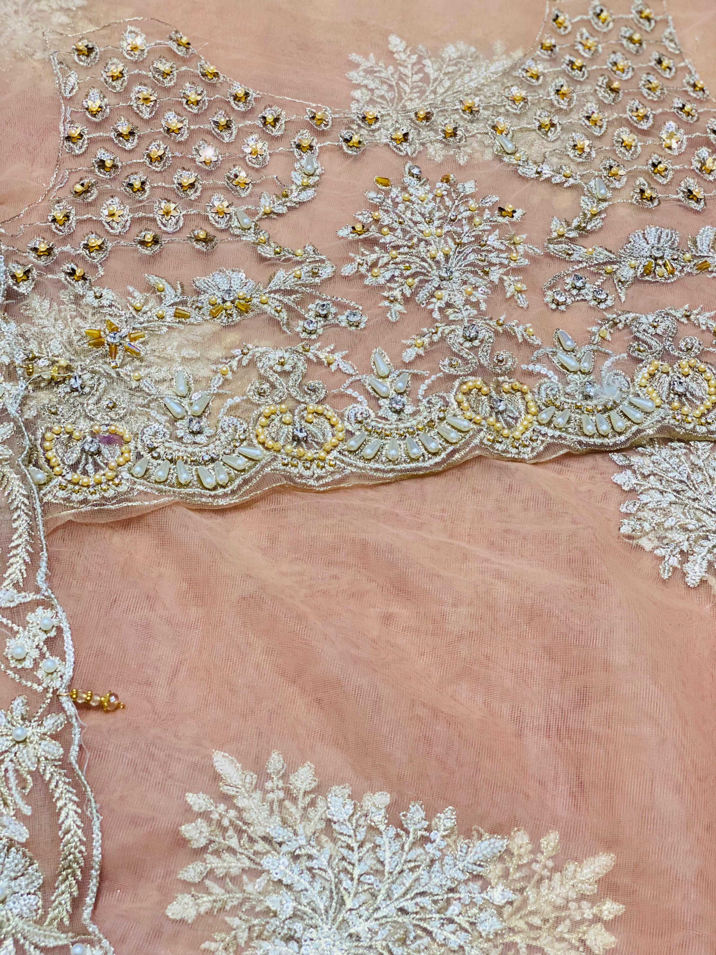 Celestial Grace – Light Peach Embroidered Saree by Maryam by Rania
