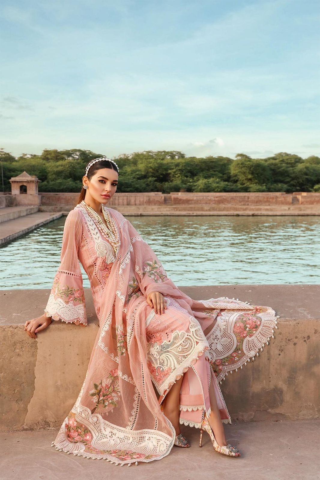 Elara Luxe – Embroidered Schiffli Lawn Ensemble by Maryam by Rania