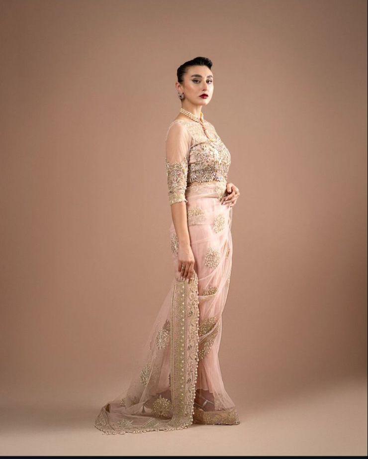 Celestial Grace – Light Peach Embroidered Saree by Maryam by Rania