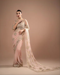 Celestial Grace – Light Peach Embroidered Saree by Maryam by Rania