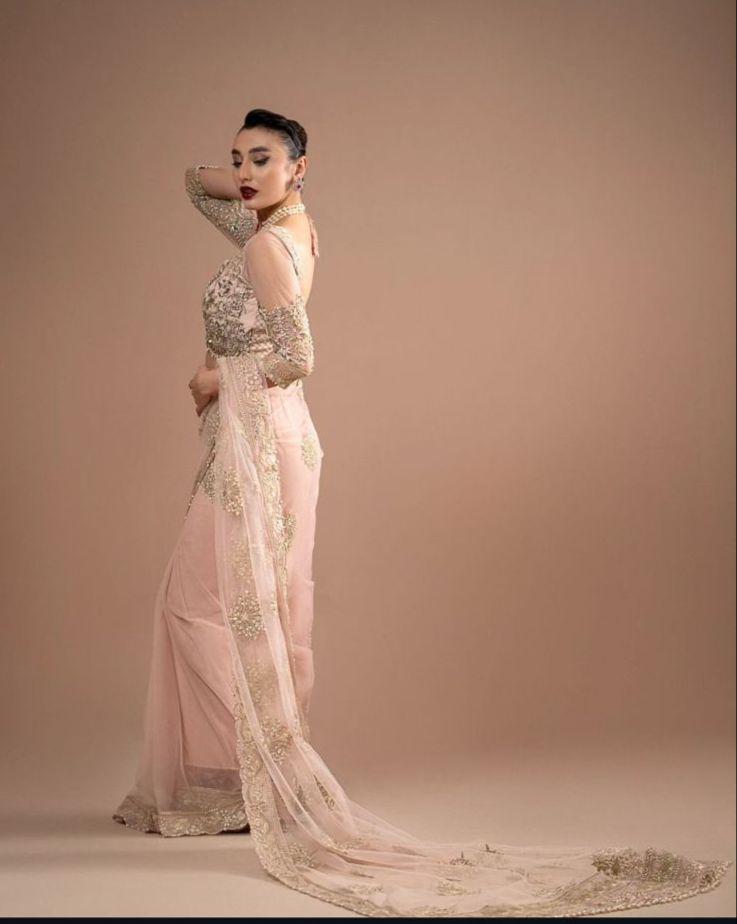 Celestial Grace – Light Peach Embroidered Saree by Maryam by Rania