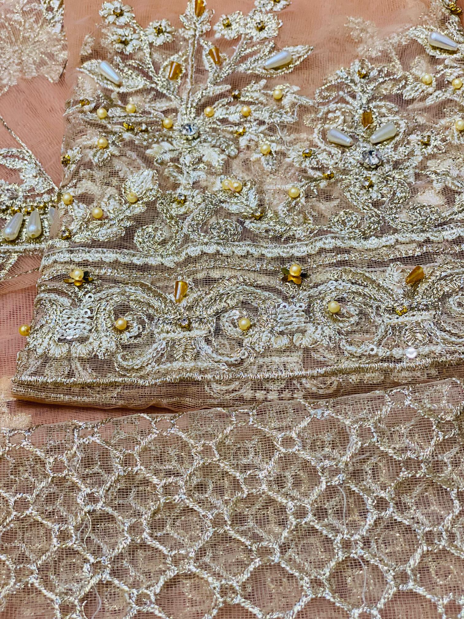 Celestial Grace – Light Peach Embroidered Saree by Maryam by Rania